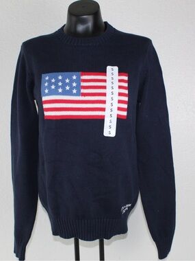State of Mine size small Navy Crewneck pullover Sweater with Flag Motif cotton